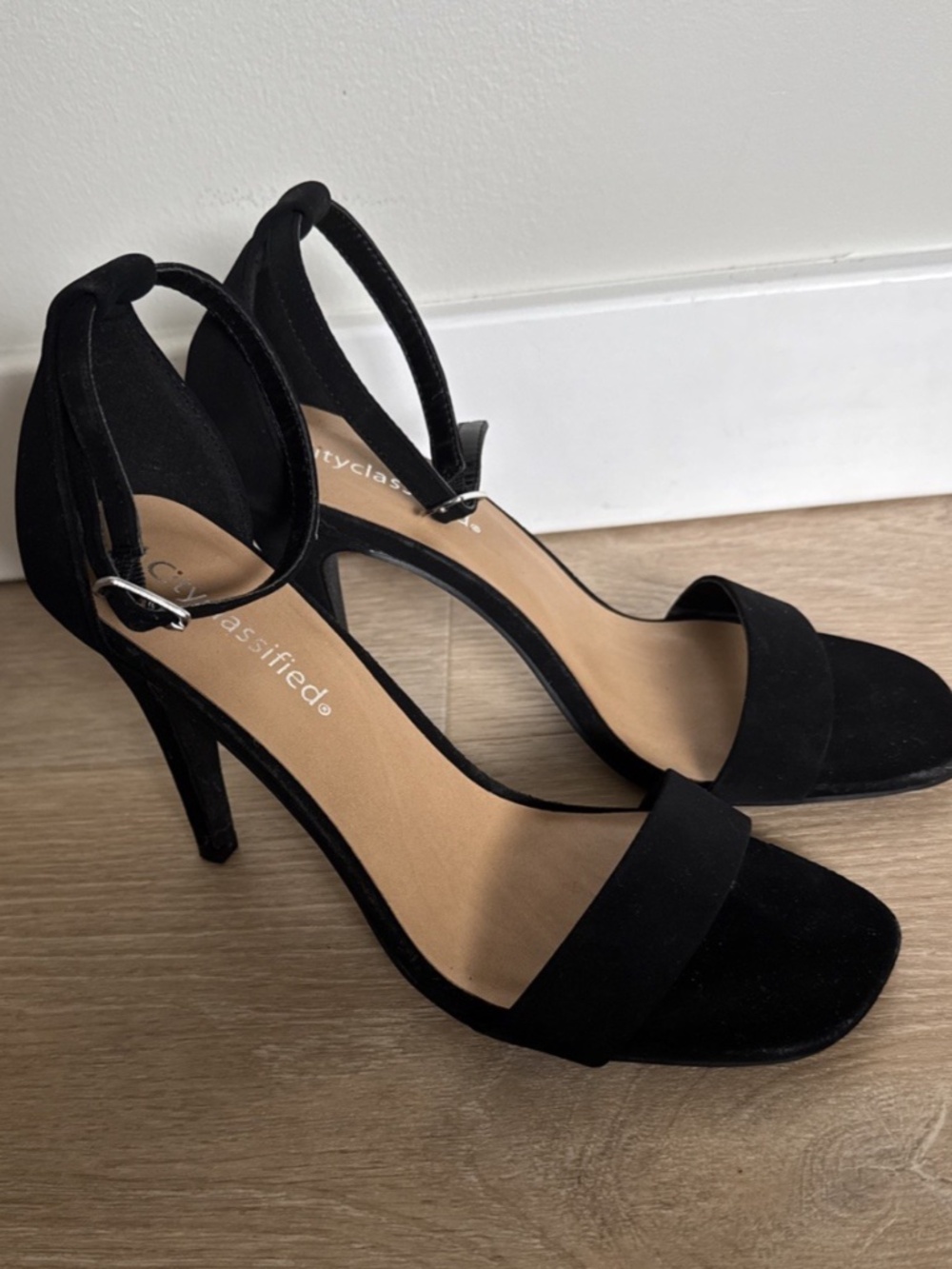 City Classified Women's Ankle Strap Open Toe Heels | Black | Size 7.5